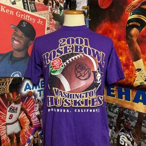 Vintage Washington Huskies 2001 Rose Bowl Purple‎ Football T-Shirt Sz Large